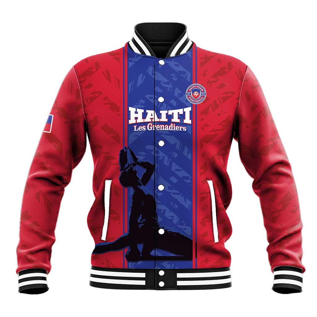 Red baseball jacket with blue front panel, striped cuffs, HAITI crest and text