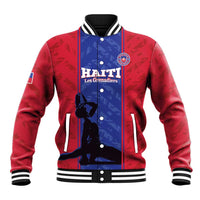 Red baseball jacket with blue front panel, striped cuffs, HAITI crest and text