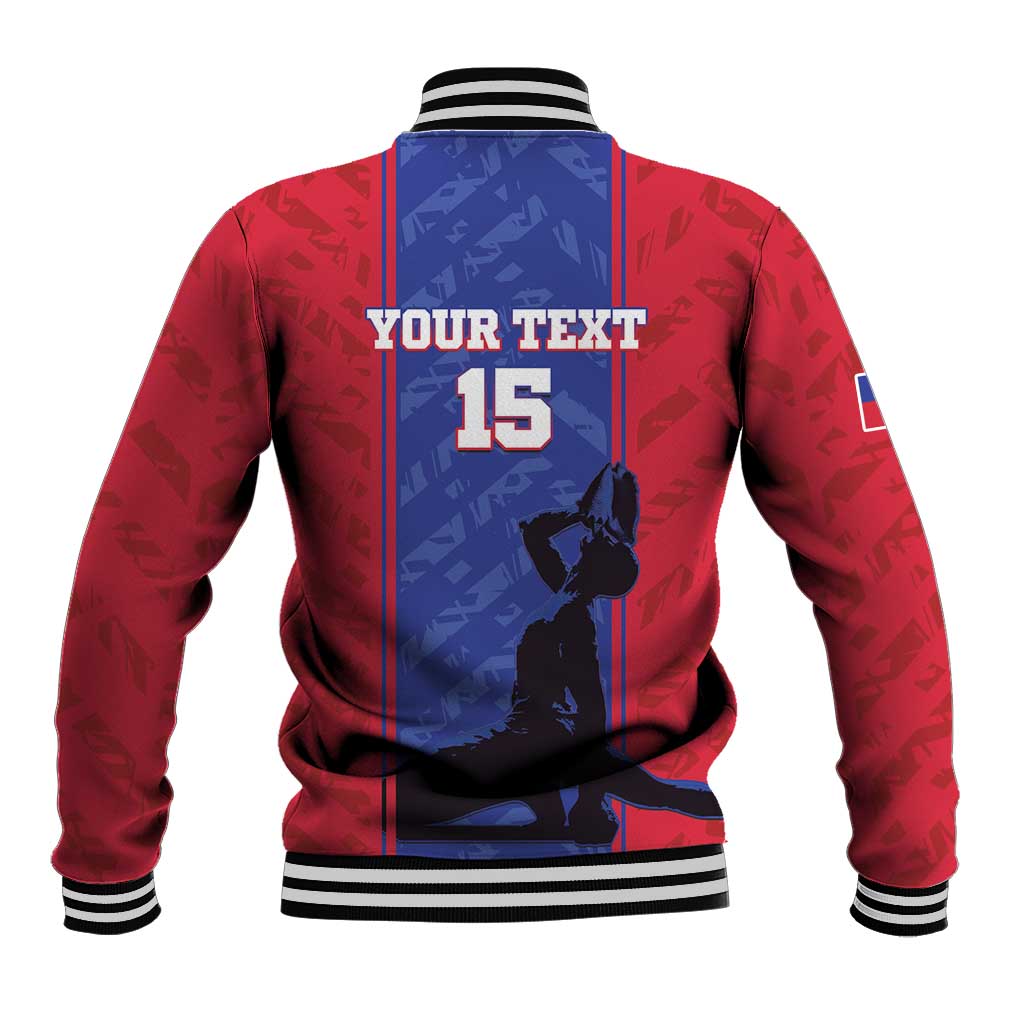 Red and blue varsity baseball jacket, striped collar, back print with number 15