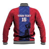 Red and blue varsity baseball jacket, striped collar, back print with number 15