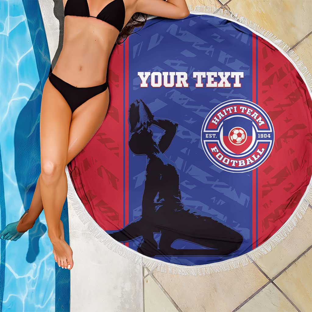 Red and blue round football beach blanket with white fringe, YOUR TEXT and Haiti Team logo