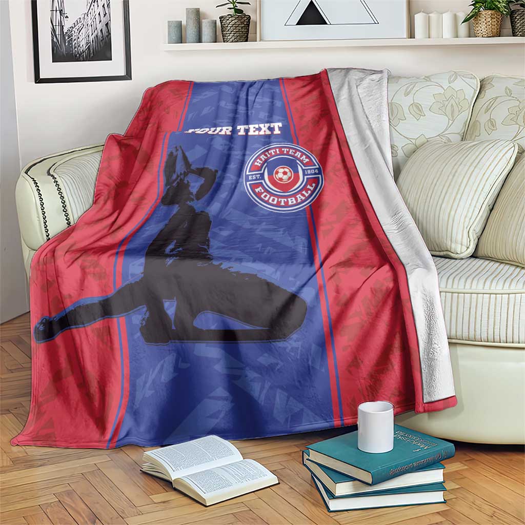 Red and blue football blanket with custom text and Haiti team logo, draped on sofa