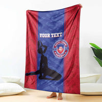 Red and blue football blanket with custom text and Haiti team crest, wrapped upright