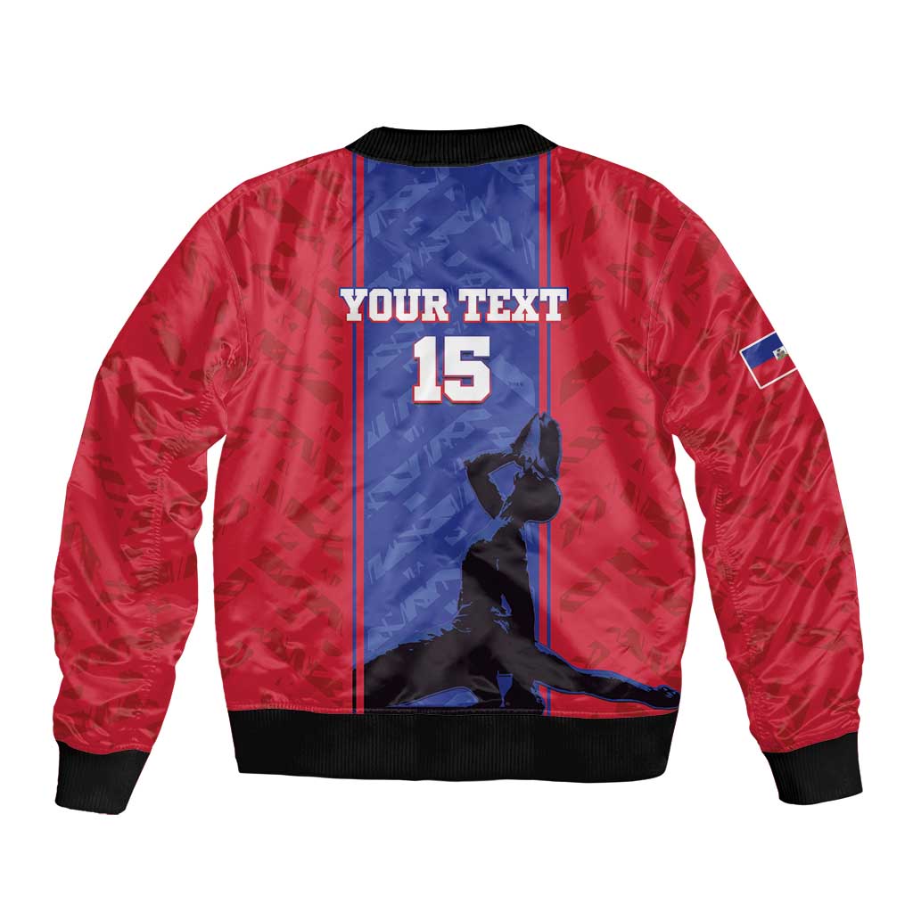 Red football bomber jacket back with black ribbed trim, blue panel “YOUR TEXT” and 15