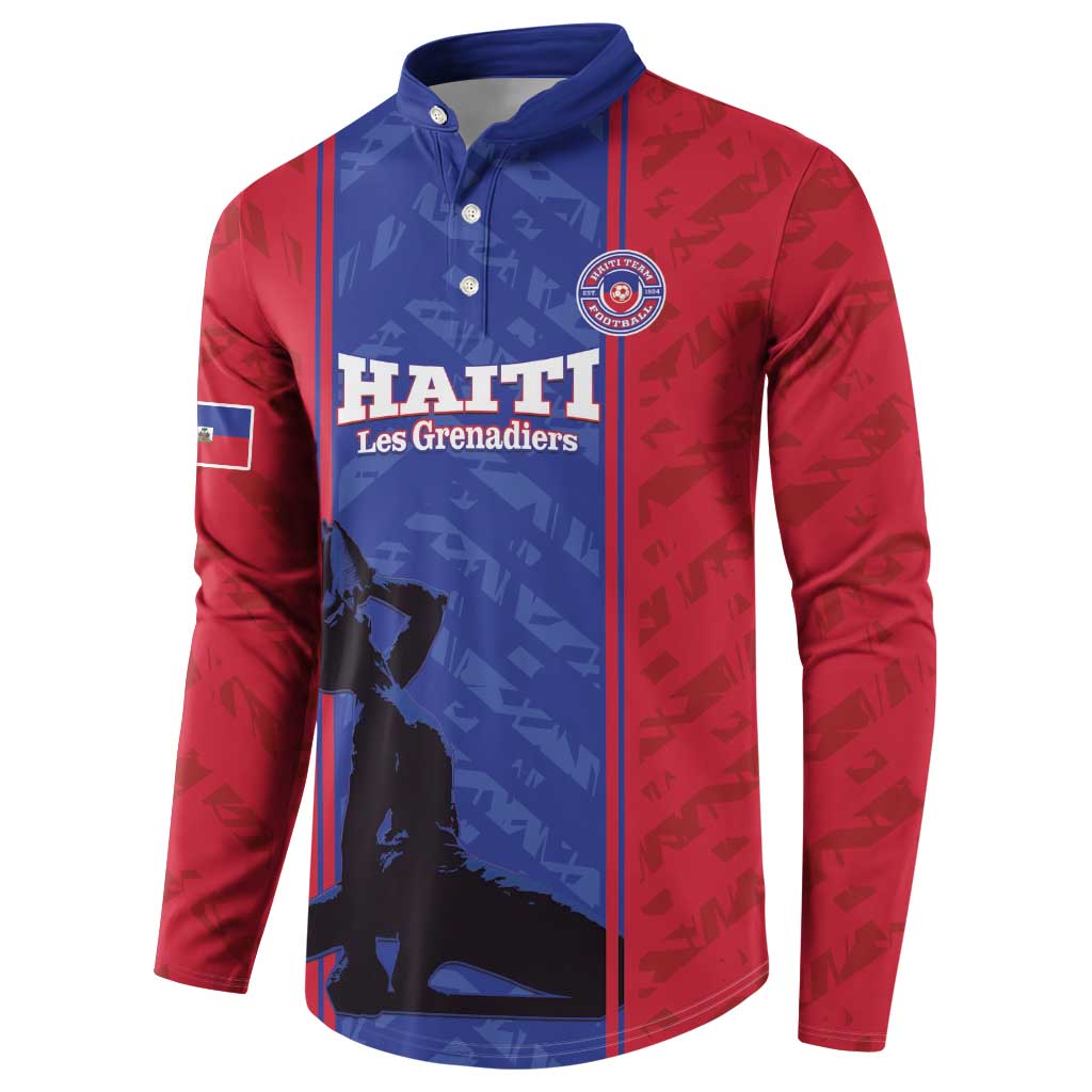 Red and blue button-up football sweatshirt with HAITI text, crest, and player art