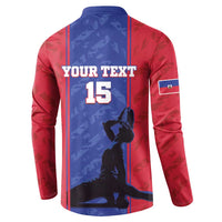 Back view red and blue button-up football sweatshirt with YOUR TEXT 15