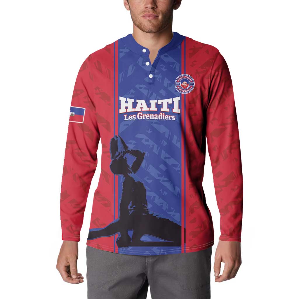 Red and blue button-up football sweatshirt with HAITI Les Grenadiers logo and crest