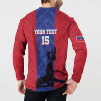 Back view red button-up football sweatshirt with YOUR TEXT 15 and player silhouette