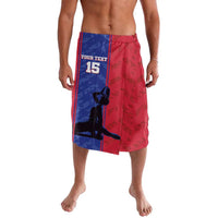 Red and blue football shorts with number 15 graphic, elastic waist, side slits