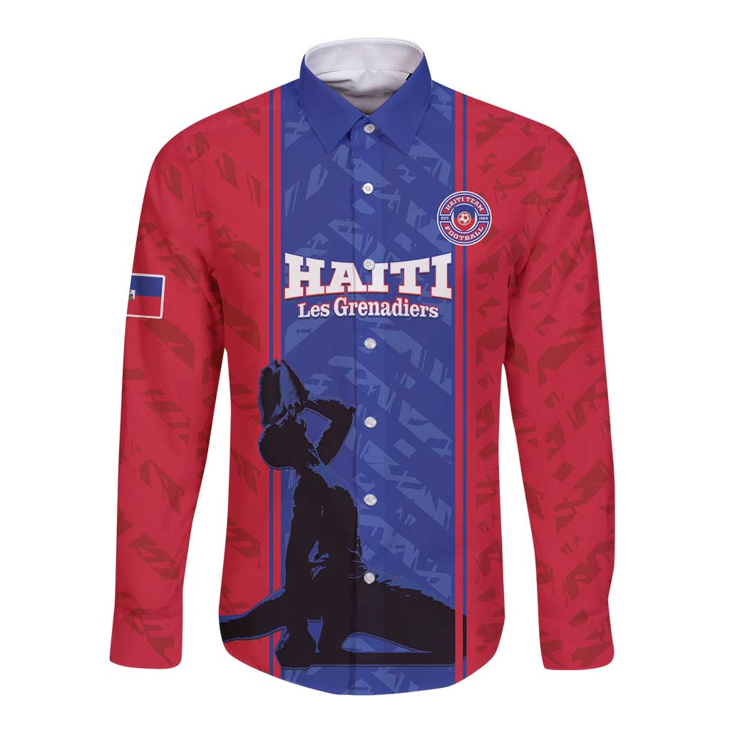 Red long-sleeve button football shirt with blue vertical panel and Haiti Les Grenadiers print