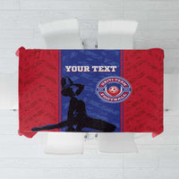 Custom football tablecloth with red and blue center panel, football crest and your text.