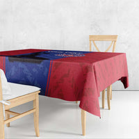 Custom football tablecloth corner view: red fabric with blue stripe and football crest emblem.