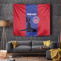 Red football tapestry with blue panel, goalie silhouette, “YOUR TEXT” and crest