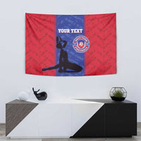 Red football tapestry with blue vertical stripe, goalie silhouette and Haiti crest