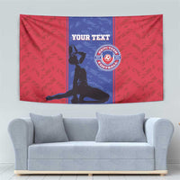 Red football tapestry with goalie silhouette, “YOUR TEXT” and Haiti team crest