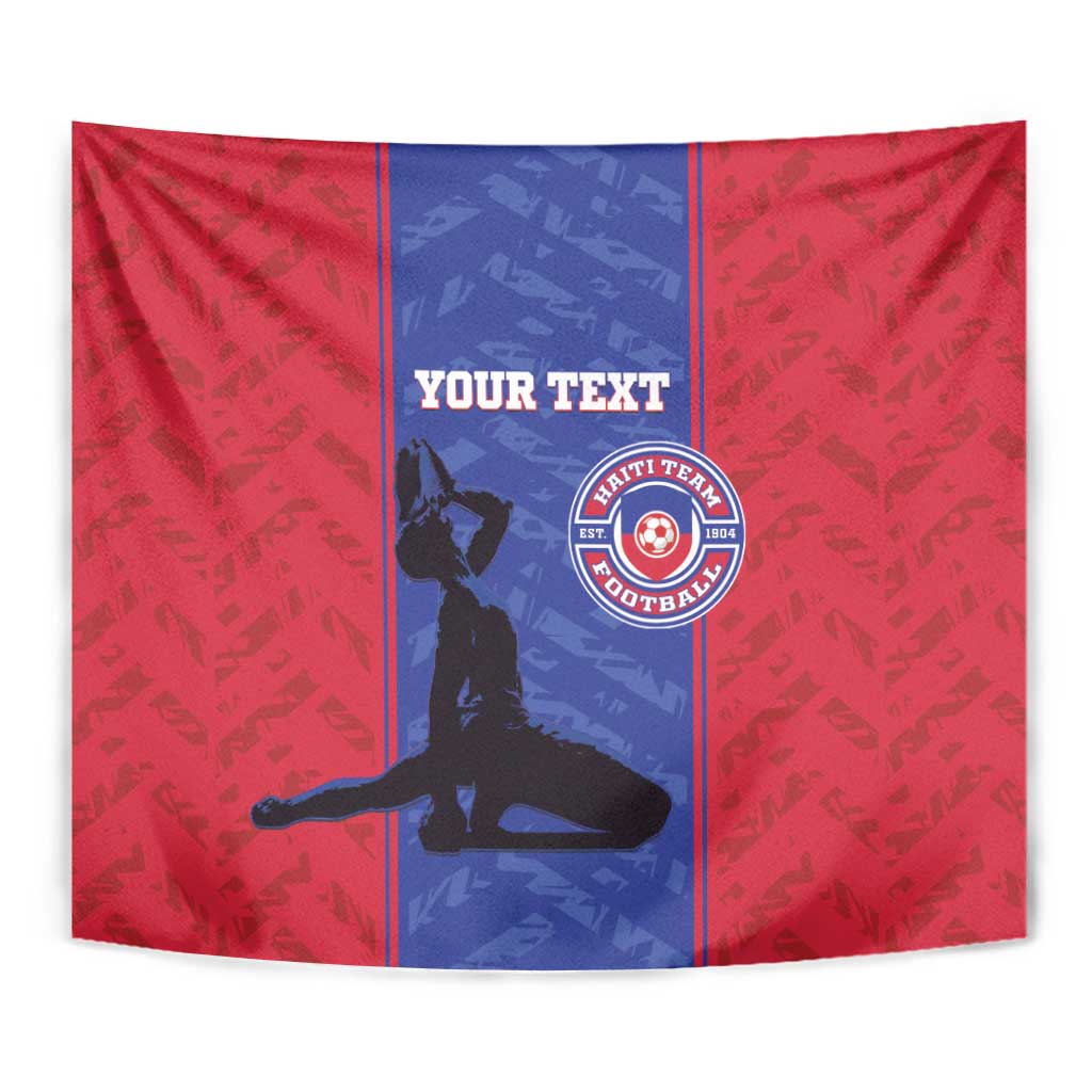 Red football tapestry close-up with blue center, goalie silhouette, “YOUR TEXT” and crest