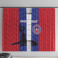 Football window curtain set with red and blue panels, custom text, and team emblem crest.