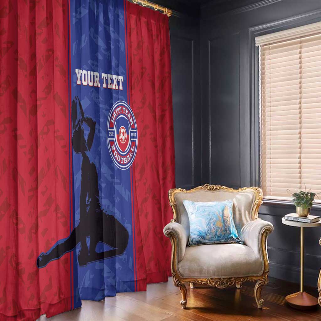 Red and blue football window curtains with custom text and soccer player silhouette design.