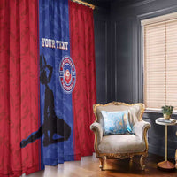 Red and blue football window curtains with custom text and soccer player silhouette design.