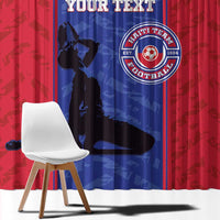 Close-up view of red and blue football window curtain with custom text and team logo.