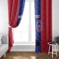 Red and blue football window curtain panels with custom text and circular team emblem near window.