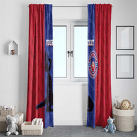 Pair of red and blue football window curtains with custom text and team crest, hanging wide.