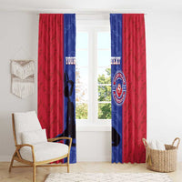 Red and blue football window curtains with custom text and circular team emblem, fully draped.