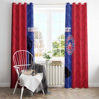 Red and blue football window curtain panels with custom text and team logo, centered at window.