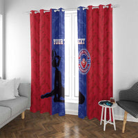Red and blue football window curtains with custom text and team crest, hung on rod.