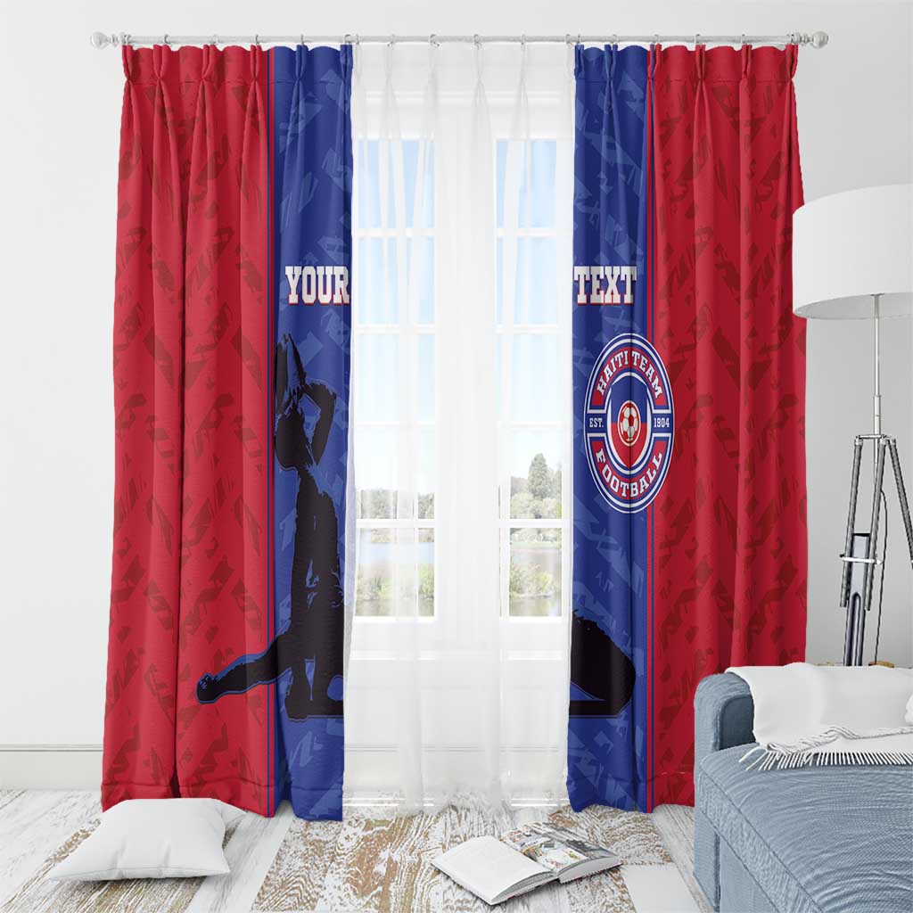Red and blue football window curtains with custom text and team emblem crest, covering windows.