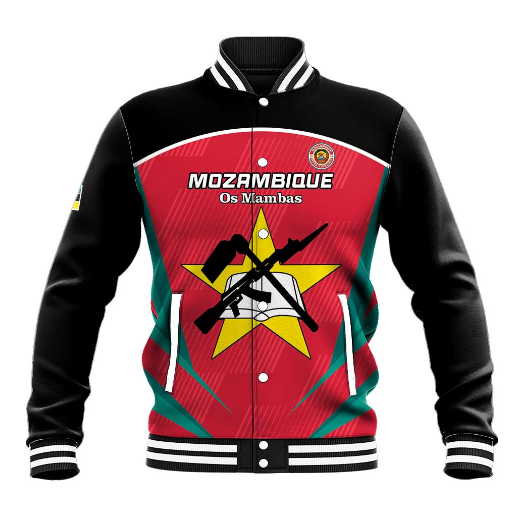 Black and red varsity baseball jacket with Mozambique graphic, star, and button front