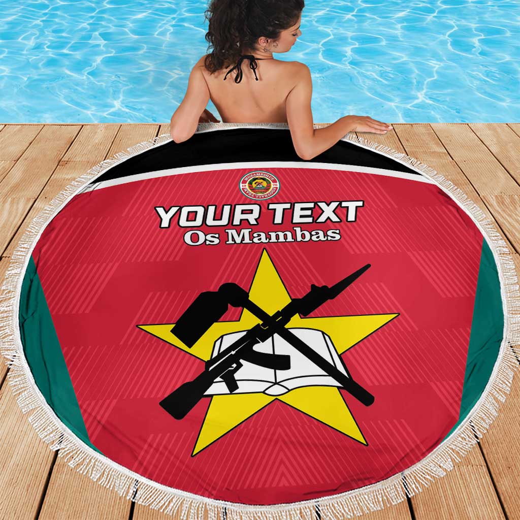 Red round beach blanket with white fringe, circular graphic with rifles and star