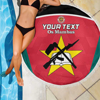 Red round beach blanket with white fringe, circular design with "YOUR TEXT" and star motif