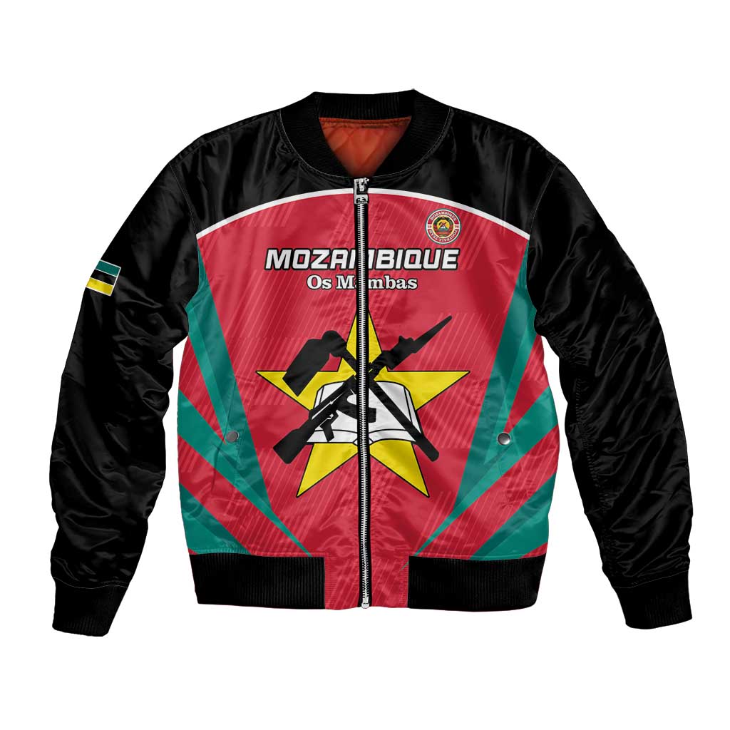 Black bomber jacket with red-green emblem panel, front zipper, unisex sports design