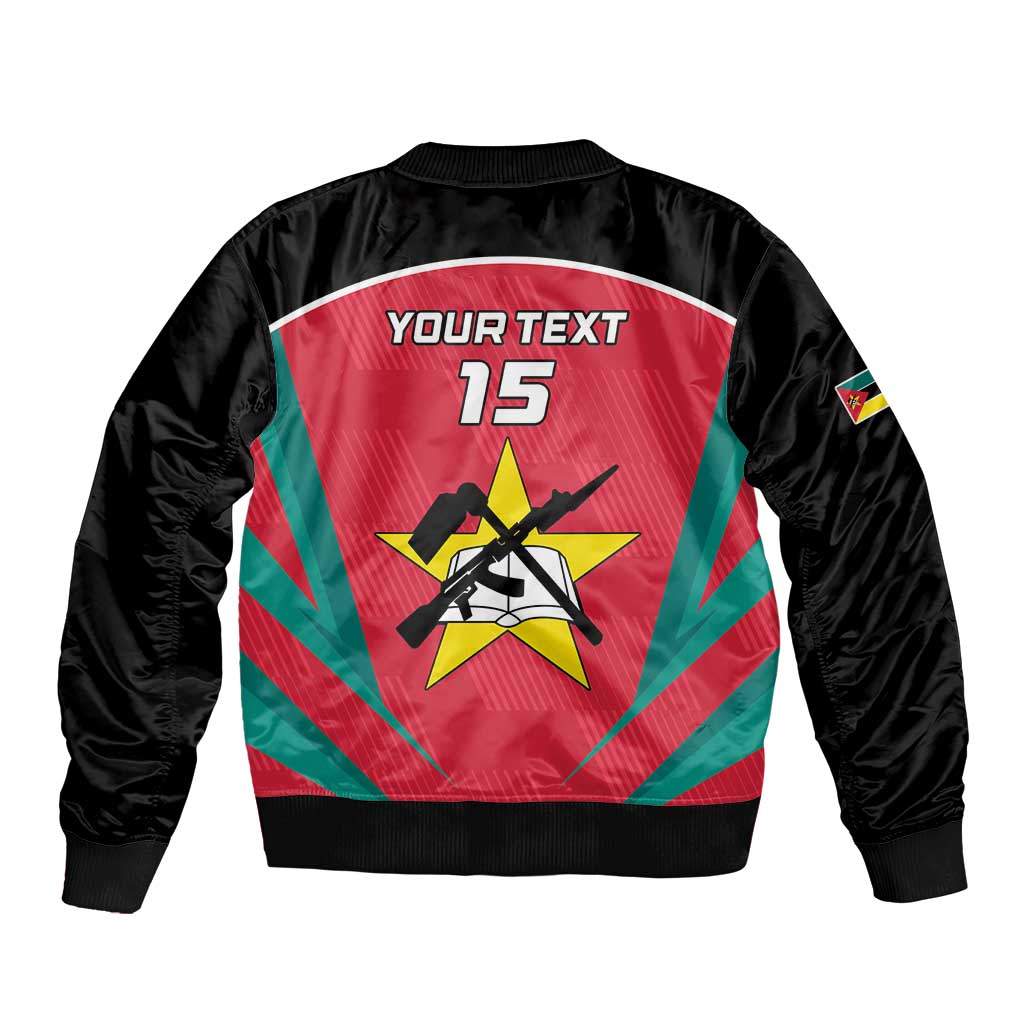 Black bomber jacket back with red-green star graphic, YOUR TEXT 15, sleeve patch
