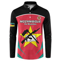 Black long-sleeve button sweatshirt with red, green, and yellow sports front graphic