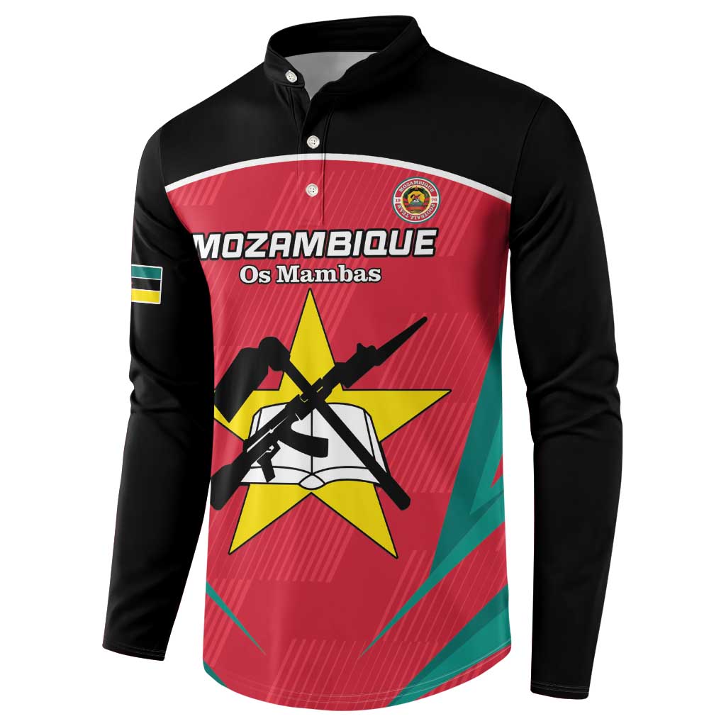 Black long-sleeve button sweatshirt with red sports crest graphic on the front