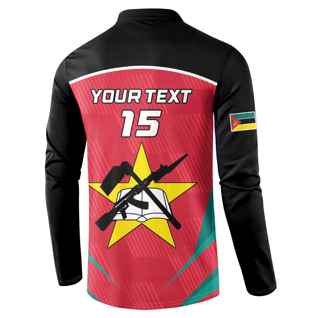 Black long-sleeve button sweatshirt with back panel text “YOUR TEXT” and number 15