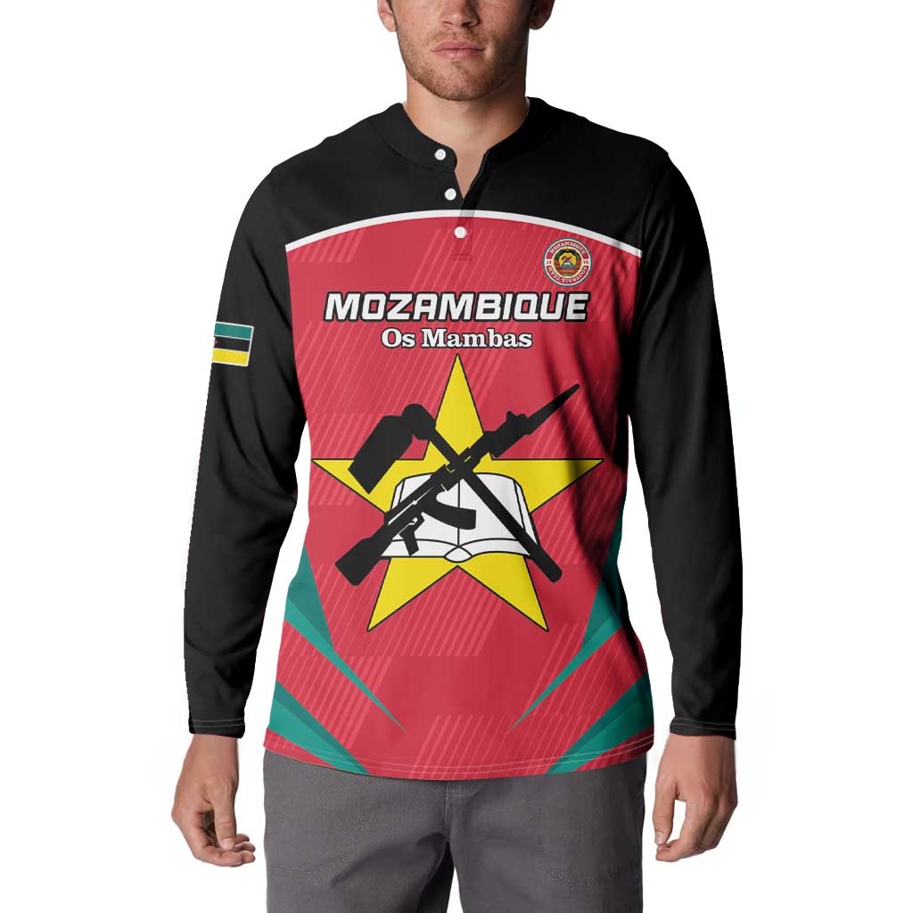 Black long-sleeve button sweatshirt with large front red graphic and Mozambique-themed crest
