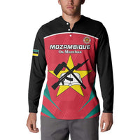 Black long-sleeve button sweatshirt with large front red graphic and Mozambique-themed crest