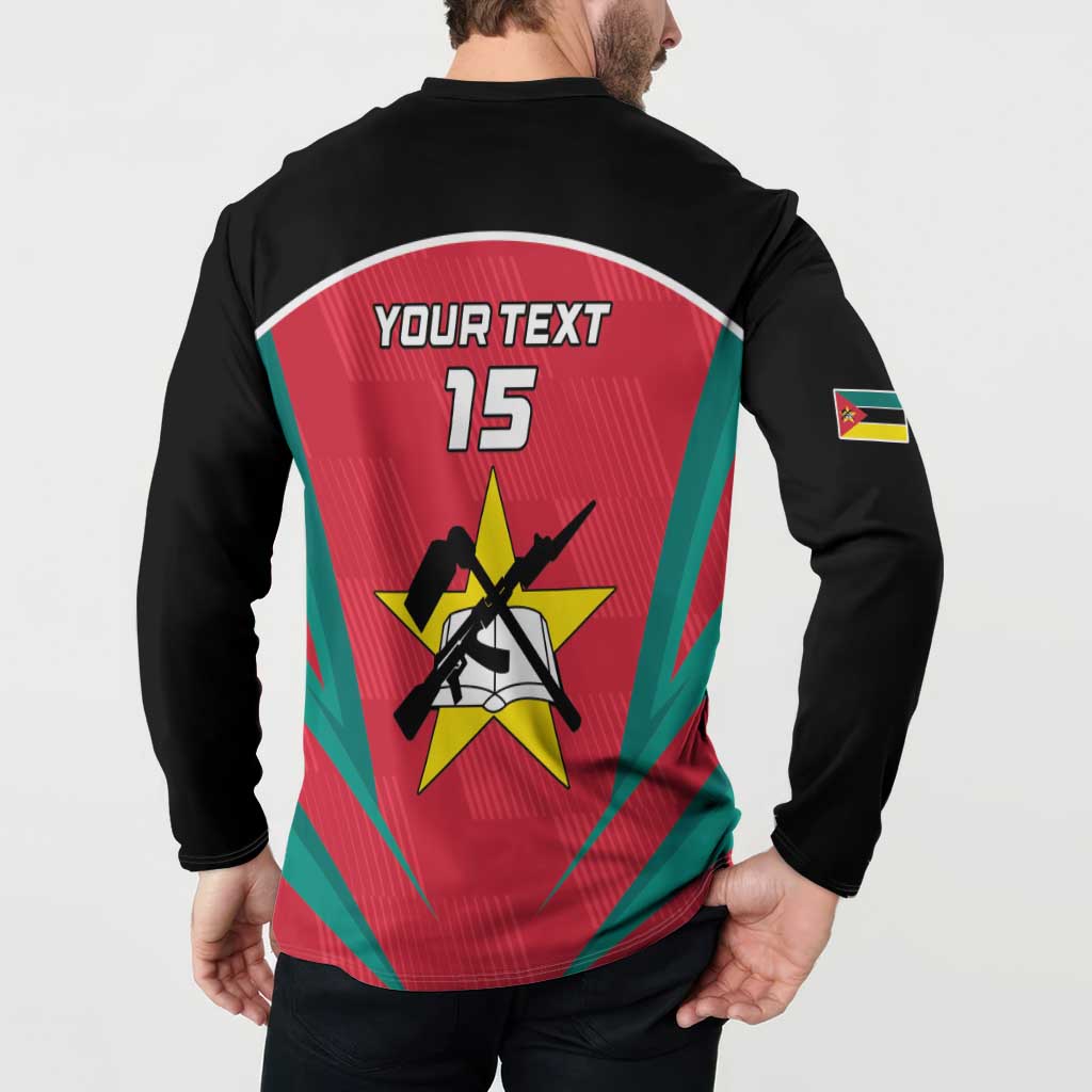 Black long-sleeve button sweatshirt with back text “YOUR TEXT” and number 15 graphic