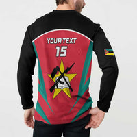 Black long-sleeve button sweatshirt with back text “YOUR TEXT” and number 15 graphic