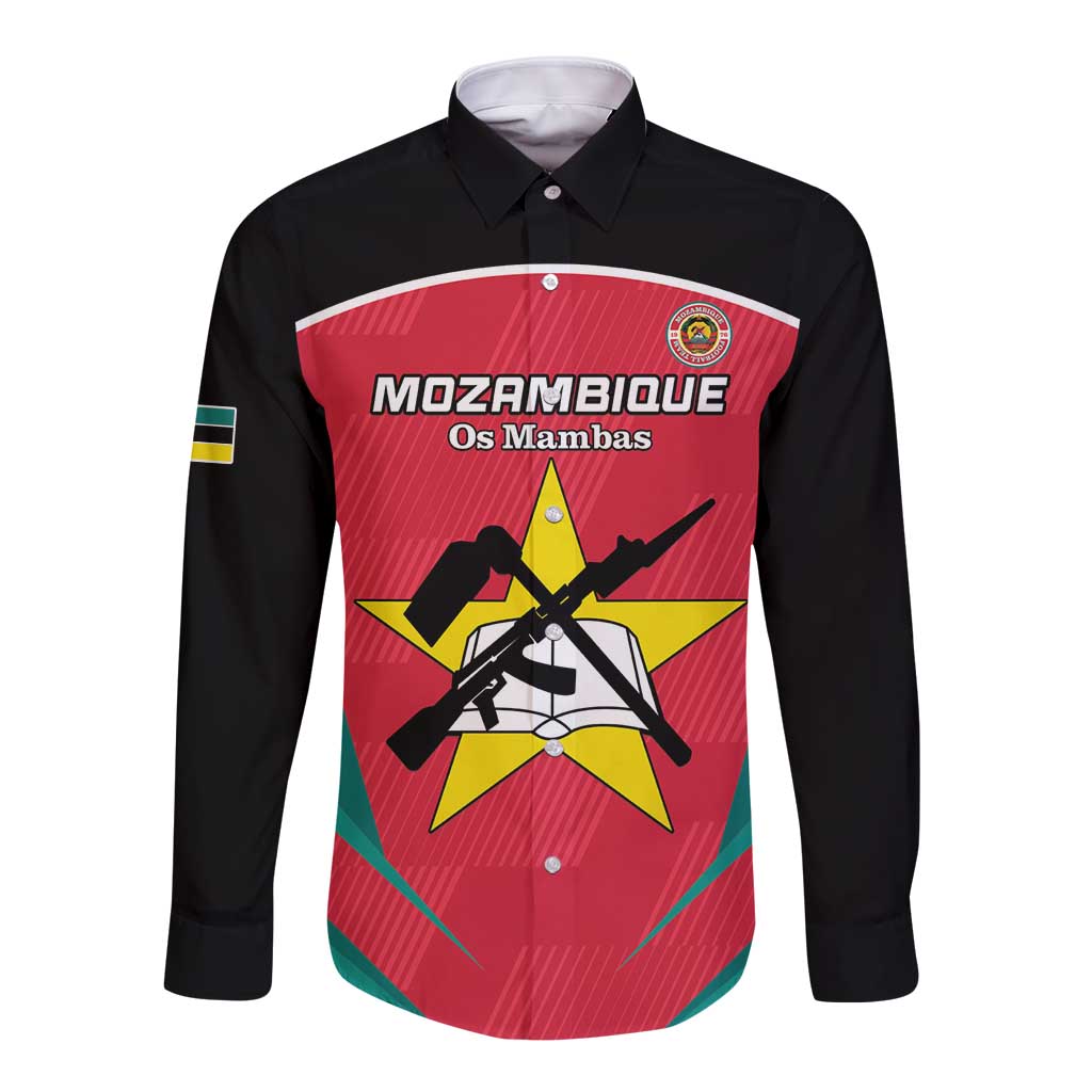 Long sleeve button football shirt, red front graphic with black sleeves