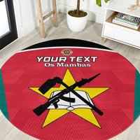 Red round area rug with green edge and football crest, bold custom text.