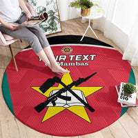 Red round area rug with green border and football crest graphic, custom text banner.