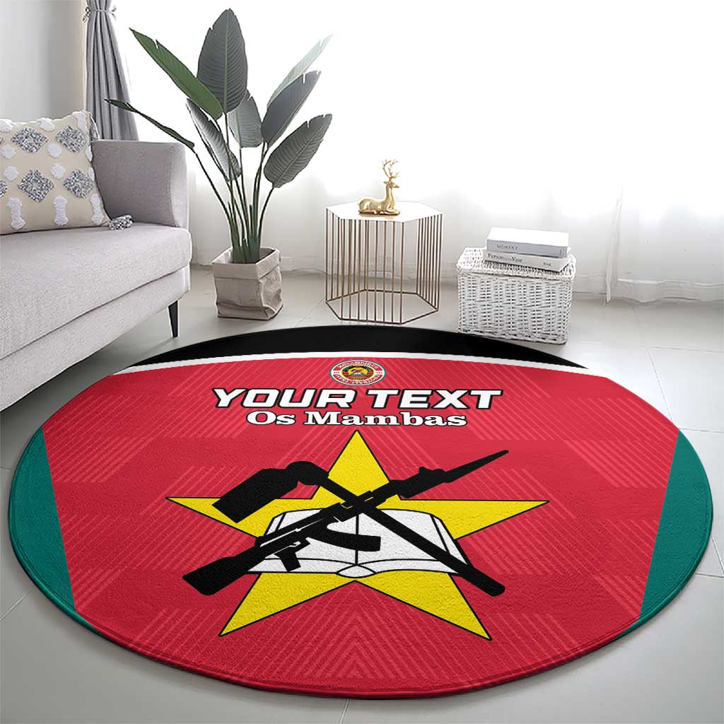 Red round area rug with green edge and football crest graphic, custom text banner.