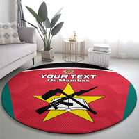 Red round area rug with green edge and football crest graphic, custom text banner.