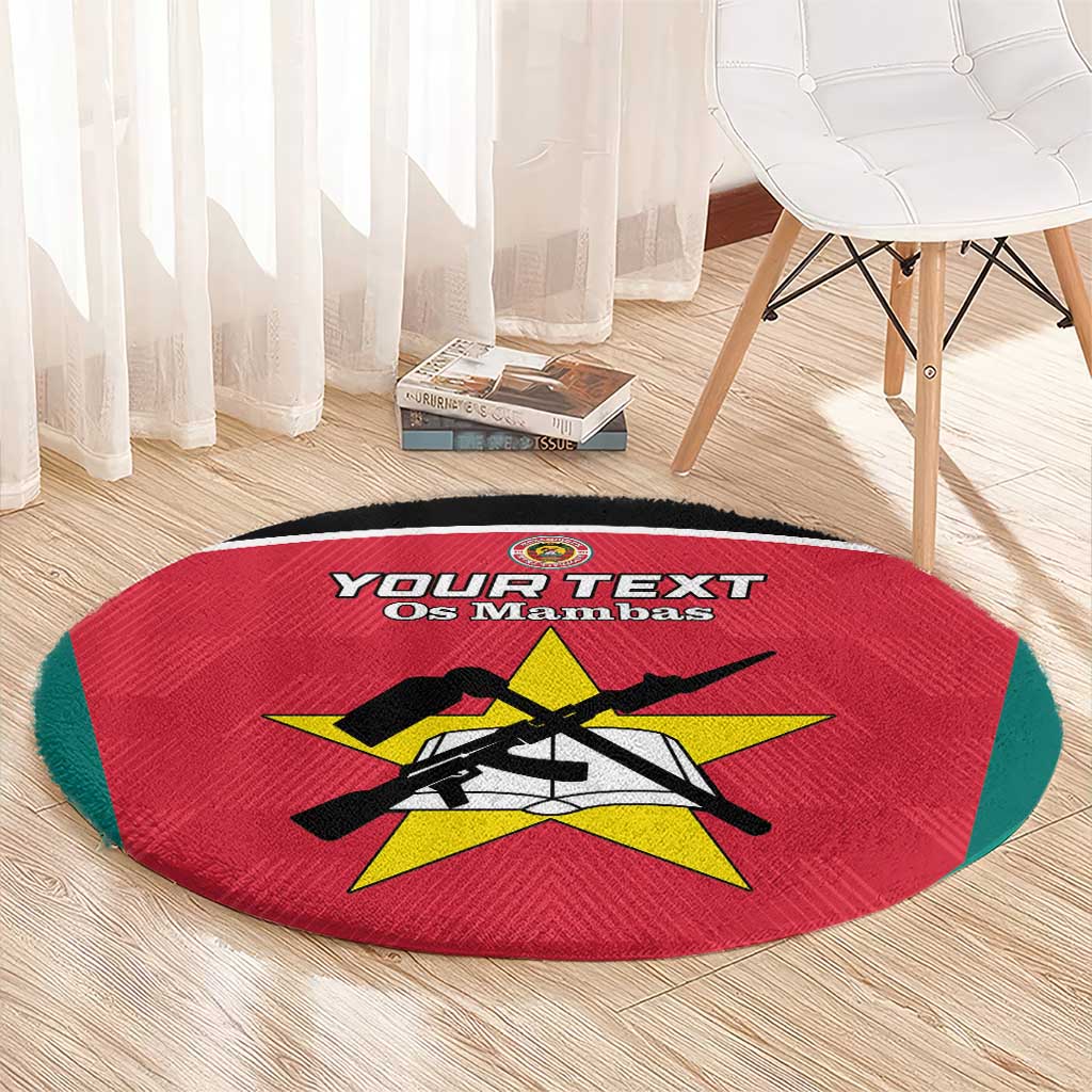 Red round area rug with green edge and football crest graphic, custom text banner.