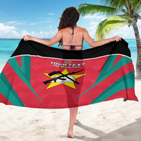 Football sarong held open: red and green star graphic with YOUR TEXT on black border