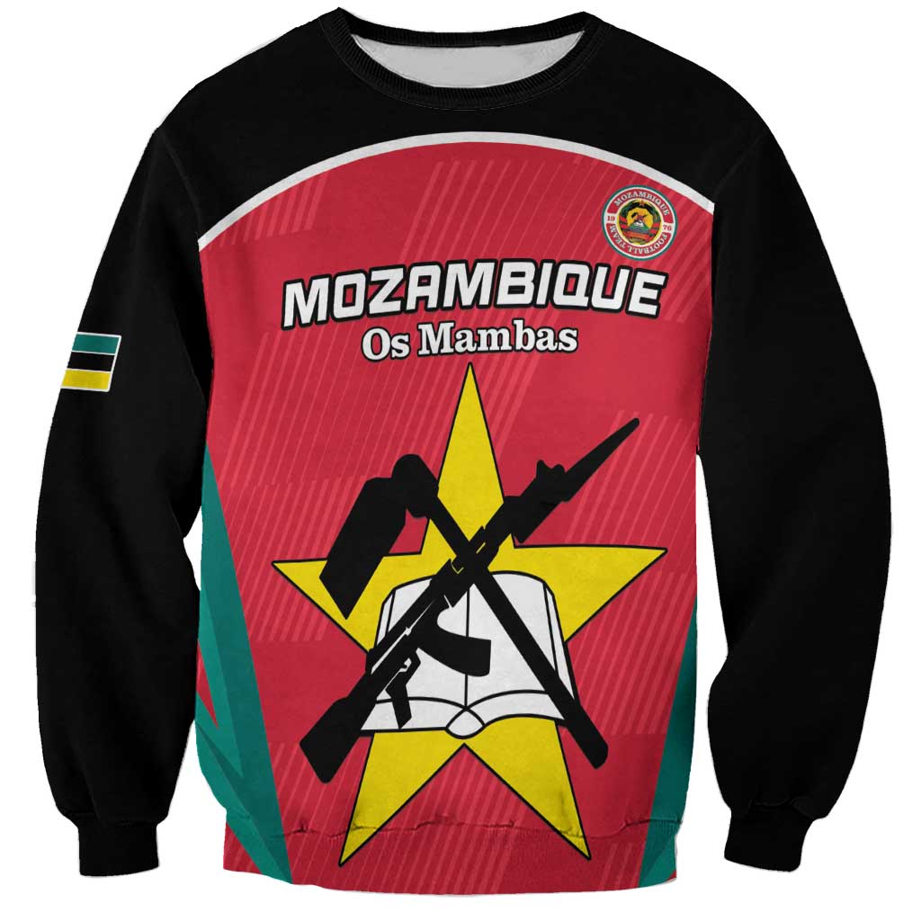 Black sweatshirt with red Mozambique team graphic, star, footballer, and Os Mambas text
